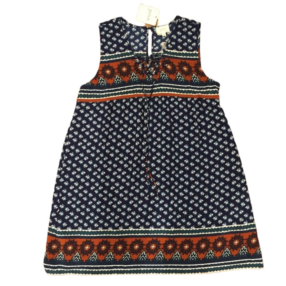 Perch 1X Navy & Rust Print Sleeveless V Neck Dress